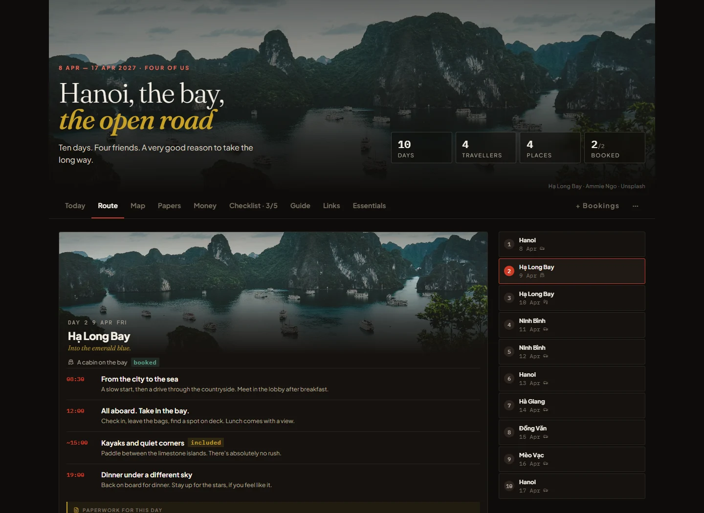 Satchel’s Route screen showing a day in Hạ Long Bay, a booked cabin, activities and the full day-by-day itinerary